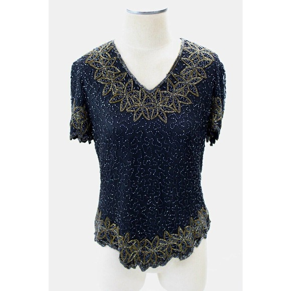 Stenay Beaded Silk Blouse Womens M Black Gold Cocktail Formal Party - Picture 7 of 12